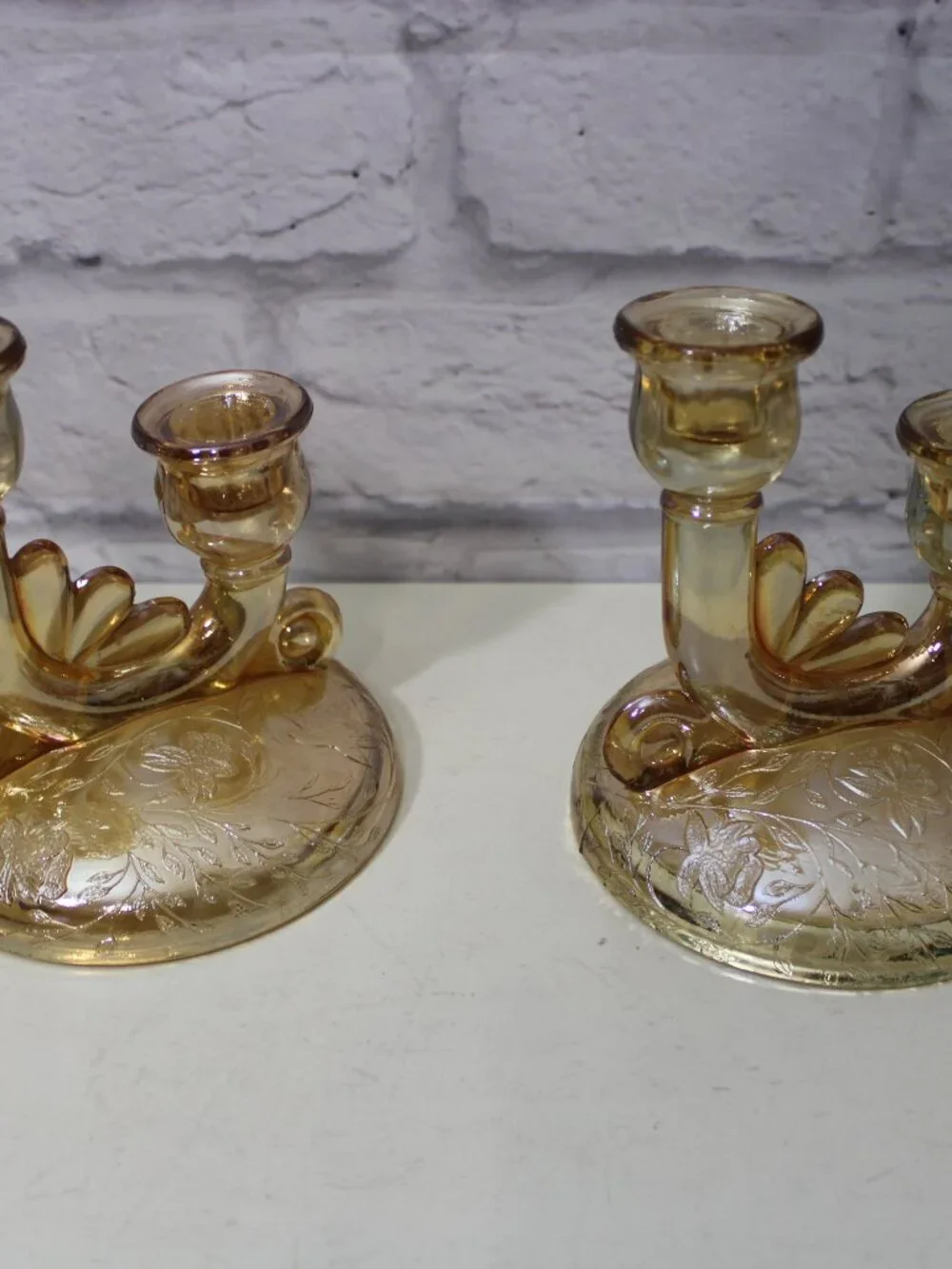 Vintage 1950's Floragold Double Candlesticks Set of 2 Jeannette Glass